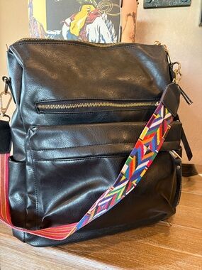 Black Faux Leather Crossbody Bag with Colorful Woven Strap